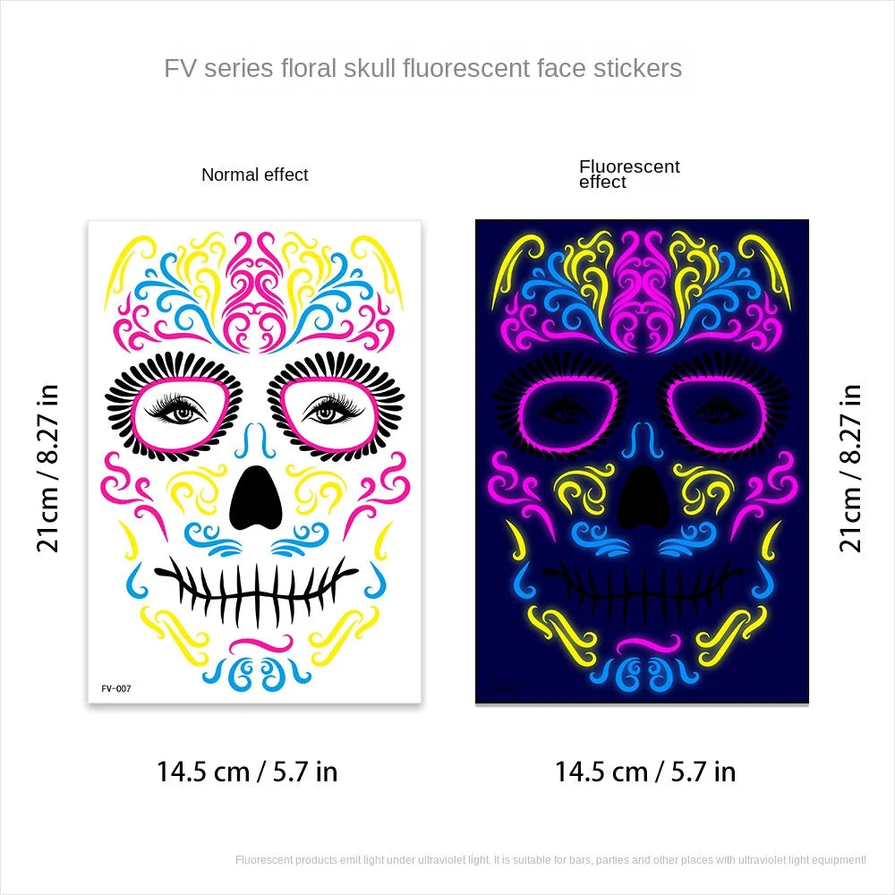 Waterproof Fluorescent Temporary Tattoo Stickers Day of the Dead