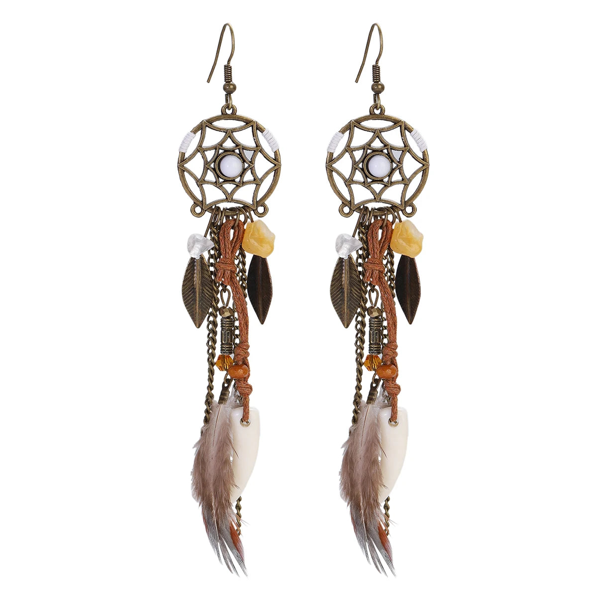 TopHanqi Bohemian Hollow Dream Catcher Leaf Feather Earrings