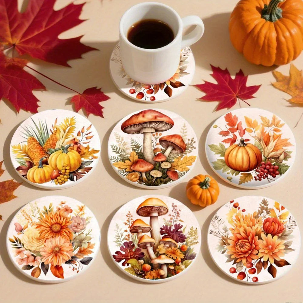 2D Fall Pumpkin Leaf Pattern Wooden Coaster