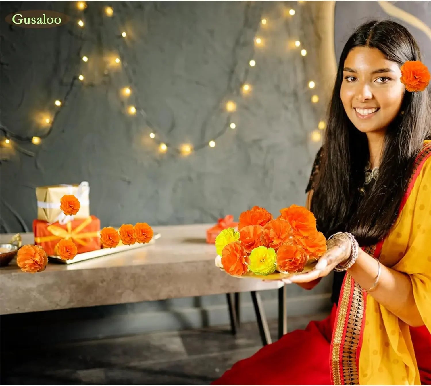 50Pcs Marigold Artificial Flowers for Day of The Dead, Diwali & Halloween Decor