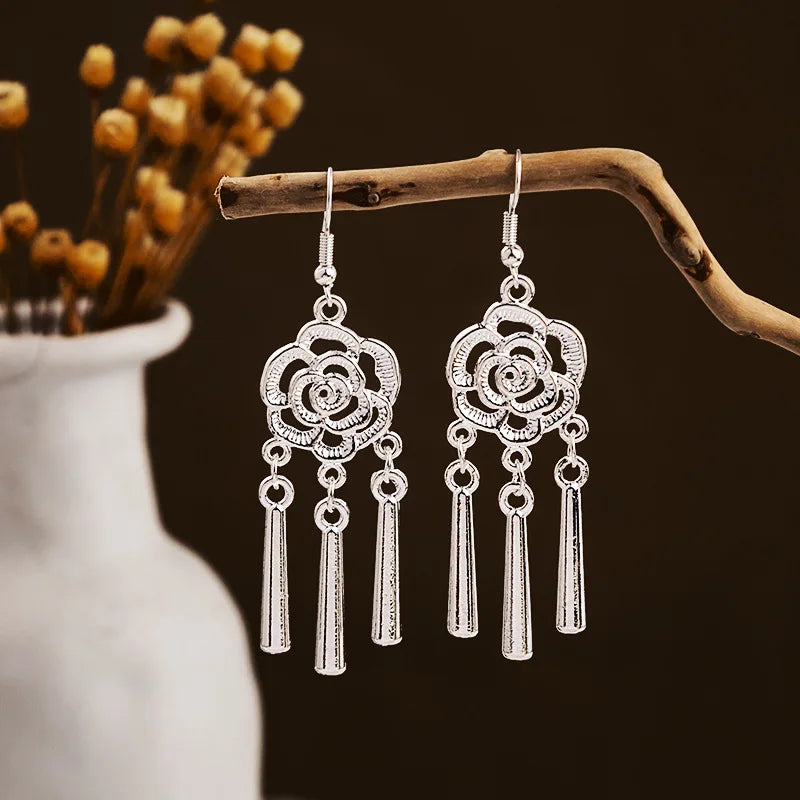 Ethnic Silver Color Long Leaf Dangle Earrings