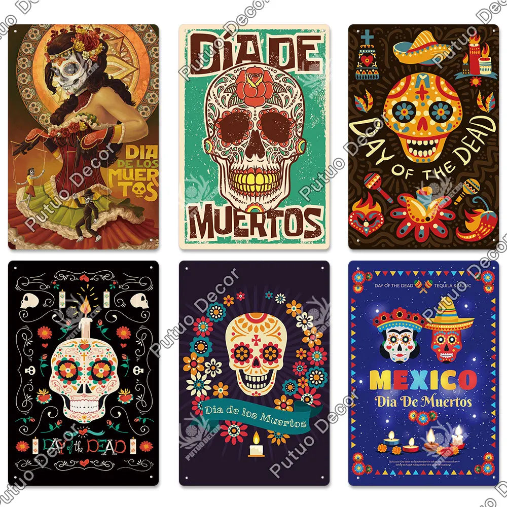 Putuo Decor Day of the Dead Tin Sign Vintage
