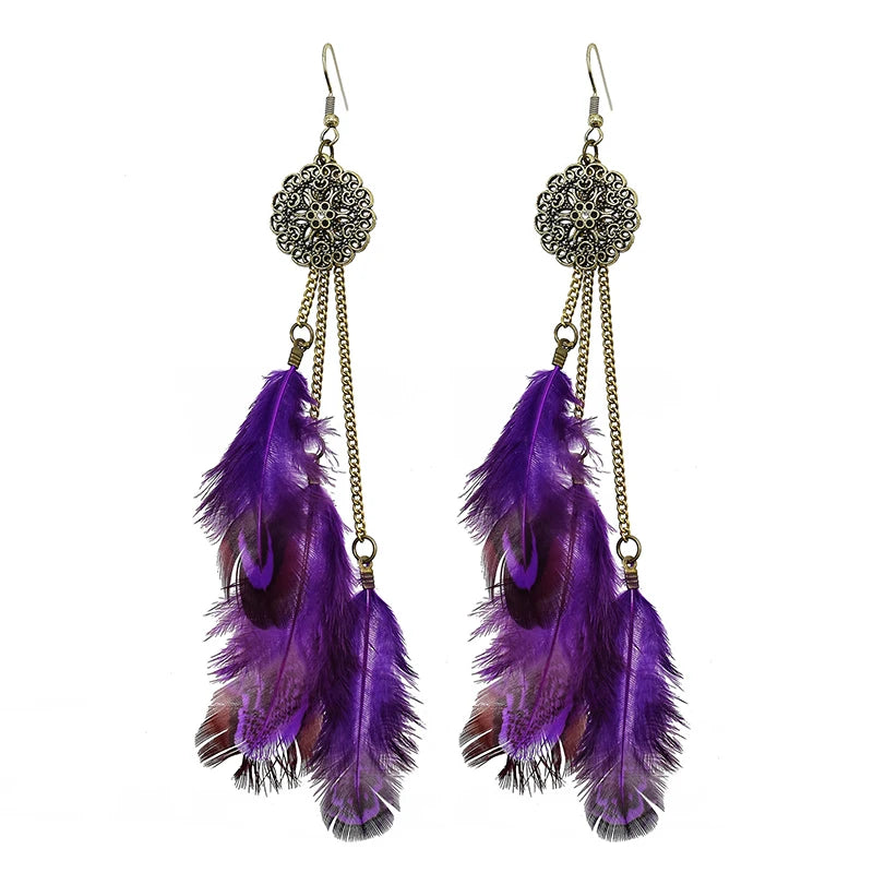 Feather Earrings Handmade Chain Long Earrings