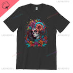 Skull T-Shirt La Catrina Girl with Purple Roses Dia De Los Muertos Day of The Dead