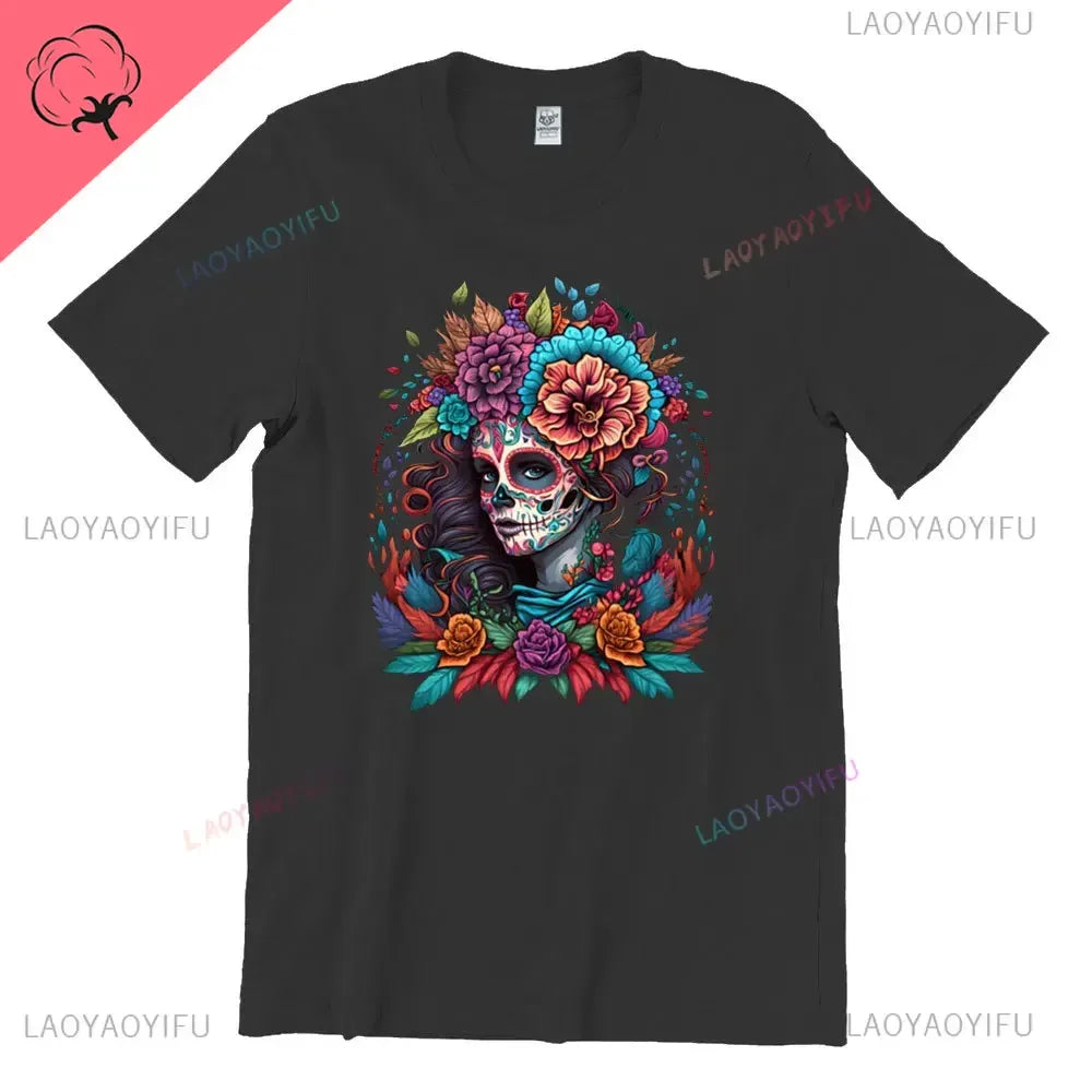Skull T-Shirt La Catrina Girl with Purple Roses Dia De Los Muertos Day of The Dead