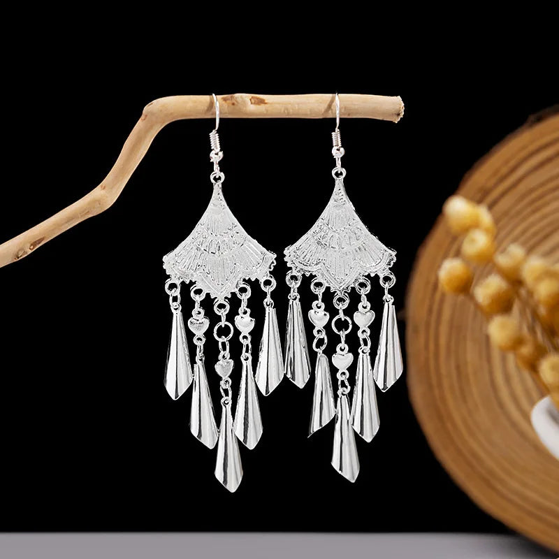 Ethnic Silver Color Long Leaf Dangle Earrings