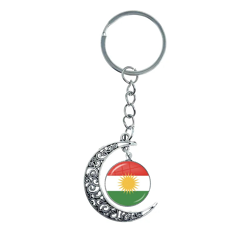 Kurdistan Flag Glass Pendant Keychain Jewelry Charm Bag Souvenir Key Ring