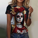Fashion Women's T-shirt for Girls Short Sleeve Day of the Dead Undead Skull