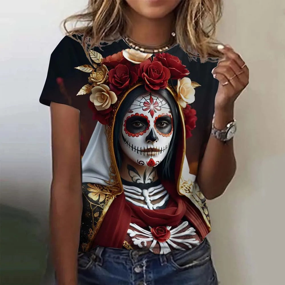 Fashion Women's T-shirt for Girls Short Sleeve Day of the Dead Undead Skull