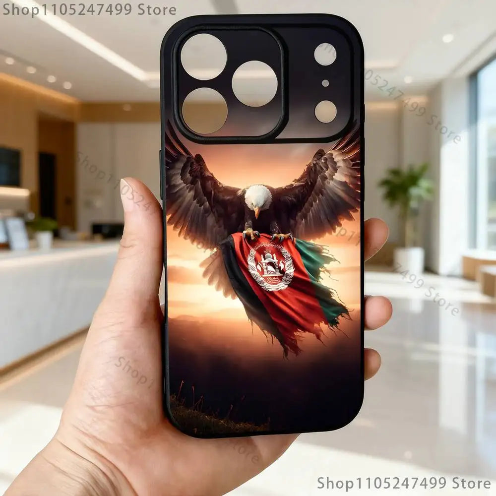 جراب هاتف علم أفغانستان لأجهزة آيفون 17,16,15,14,13,12,Pro,Max,Plus,E,SE4,Air,Mini أسود سوفت بوكس