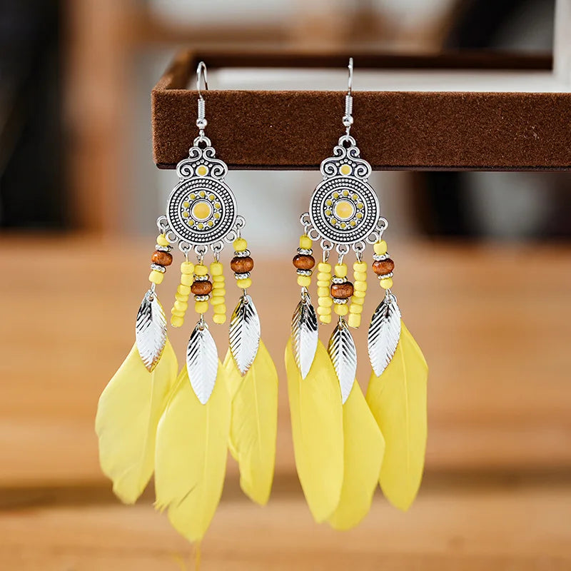Ethnic Long Tassels Feather Drop Earrings