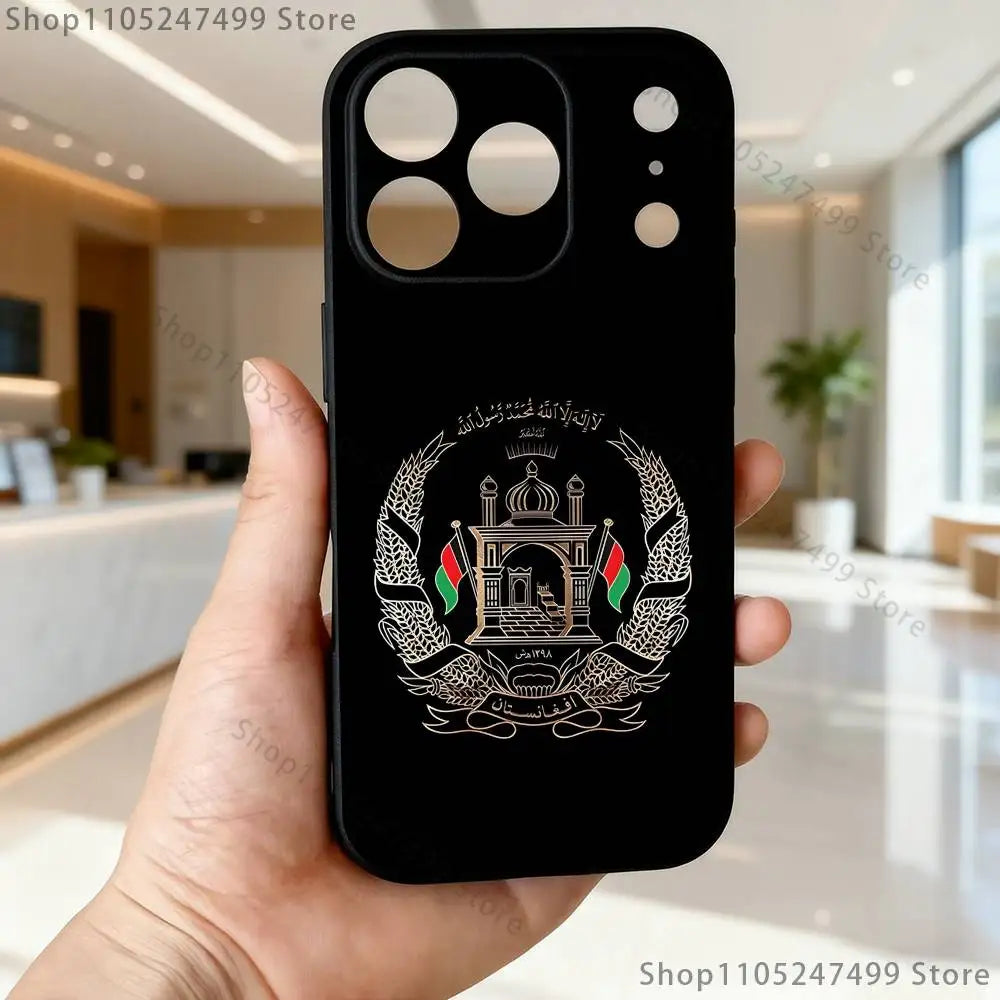 جراب هاتف علم أفغانستان لأجهزة آيفون 17,16,15,14,13,12,Pro,Max,Plus,E,SE4,Air,Mini أسود سوفت بوكس