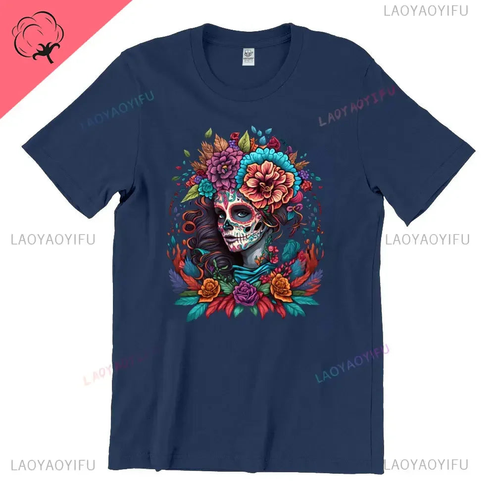 Skull T-Shirt La Catrina Girl with Purple Roses Dia De Los Muertos Day of The Dead