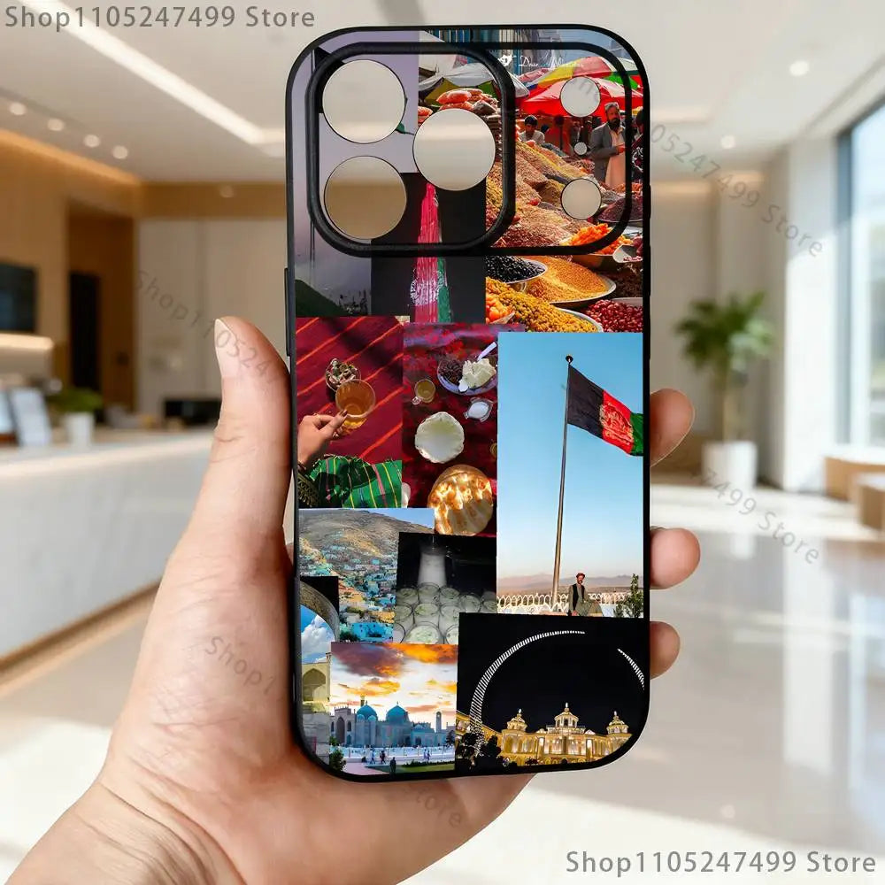 جراب هاتف علم أفغانستان لأجهزة آيفون 17,16,15,14,13,12,Pro,Max,Plus,E,SE4,Air,Mini أسود سوفت بوكس