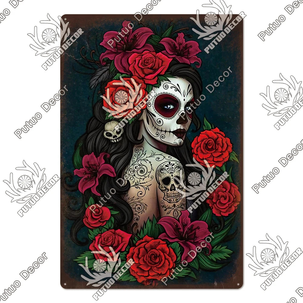 Putuo Decor Day of the Dead Tin Sign Vintage