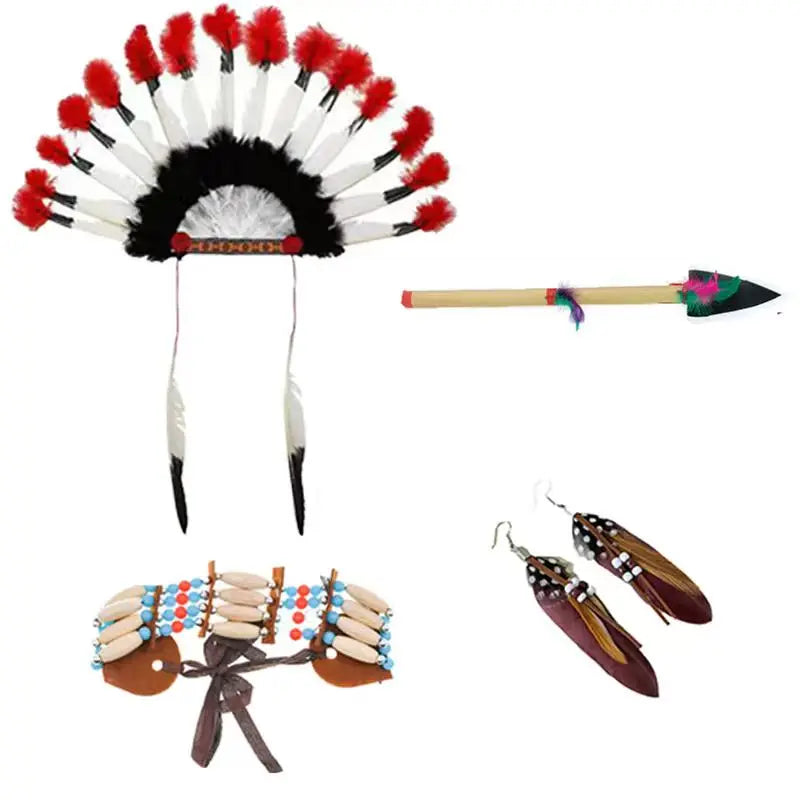 Native Indian Braids Wig Feather Headdress Earrings Bracelet Choker Necklace