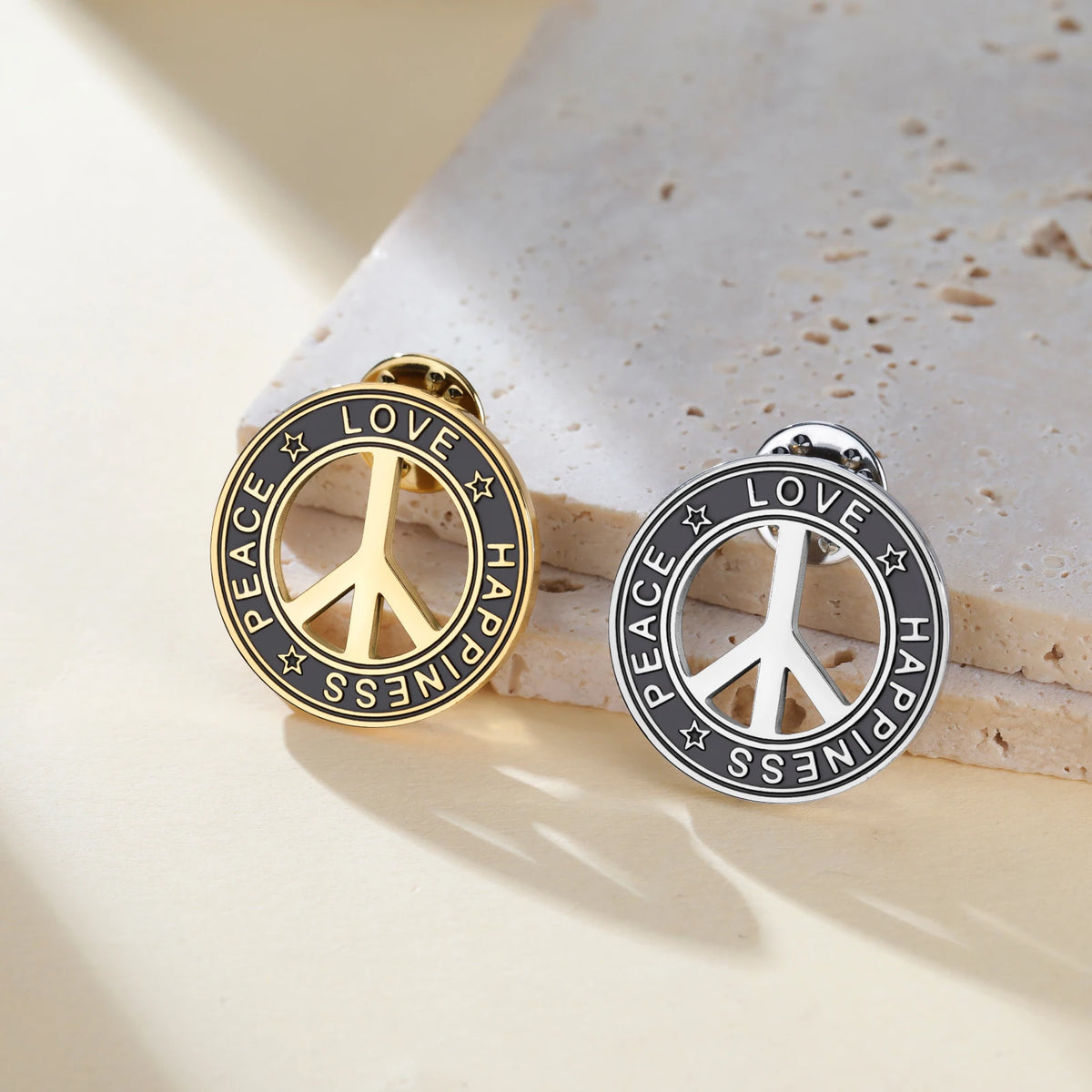 Stainless Steel Peace Sign Round Brooch