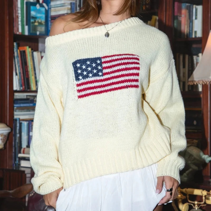 Off the Shoulder American Flag Sweater