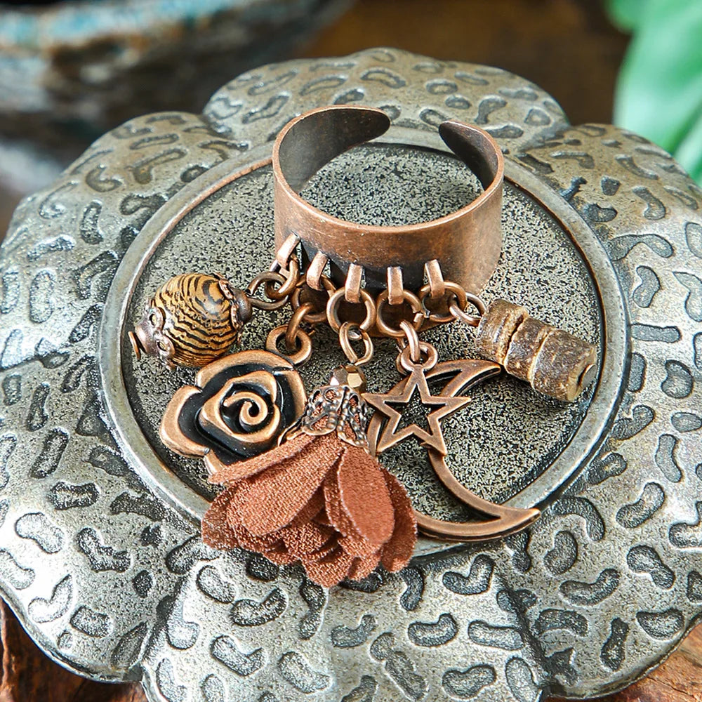 Ethnic Flower Feather Tassel Rings For Women Vintage Antique