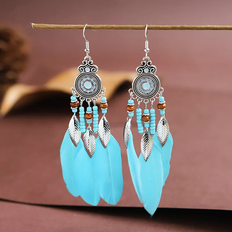 Ethnic Long Tassels Feather Drop Earrings