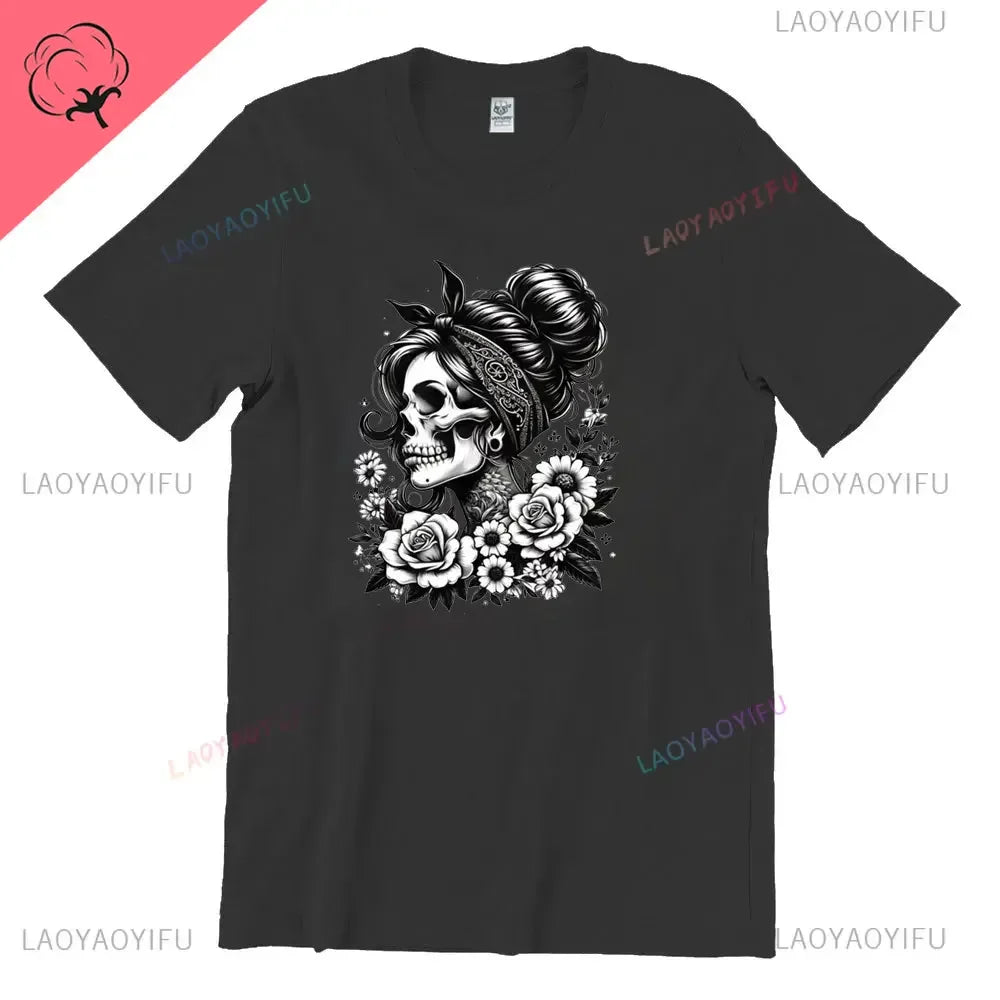 Skull T-Shirt La Catrina Girl with Purple Roses Dia De Los Muertos Day of The Dead