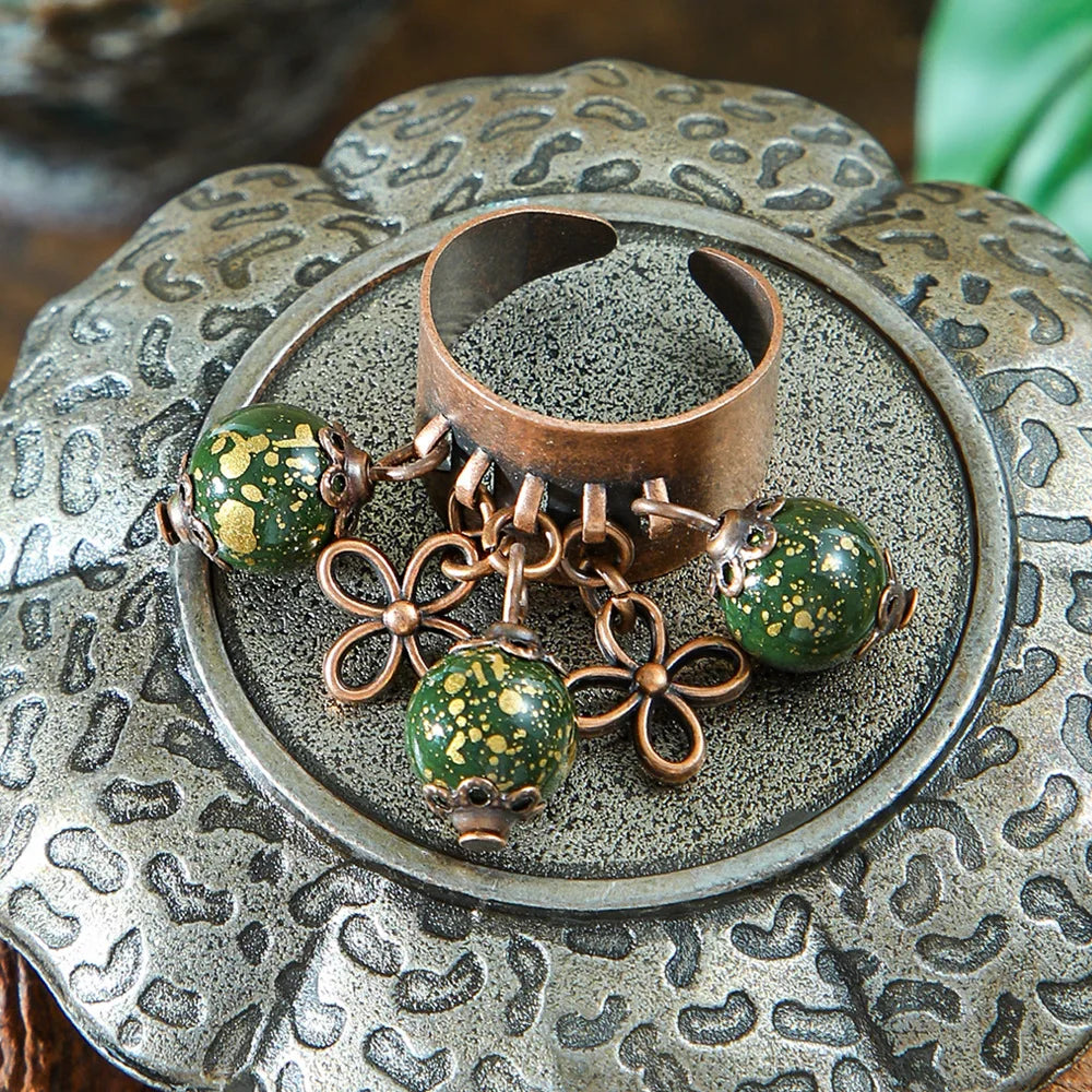 Ethnic Flower Feather Tassel Rings For Women Vintage Antique