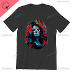 Skull T-Shirt La Catrina Girl with Purple Roses Dia De Los Muertos Day of The Dead