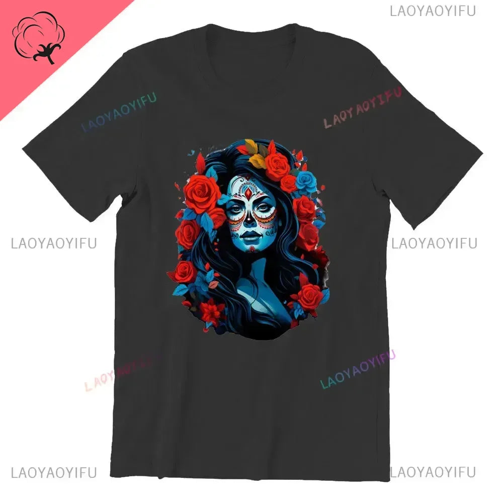 Skull T-Shirt La Catrina Girl with Purple Roses Dia De Los Muertos Day of The Dead