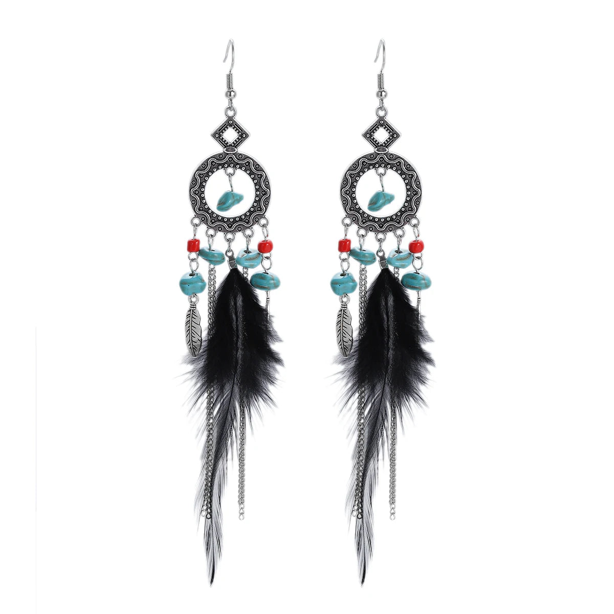 TopHanqi Bohemian Hollow Dream Catcher Leaf Feather Earrings
