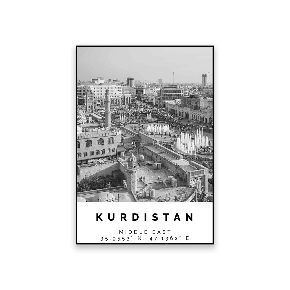 Kurdistan Travel Poster Black and White Vintage Wall Art