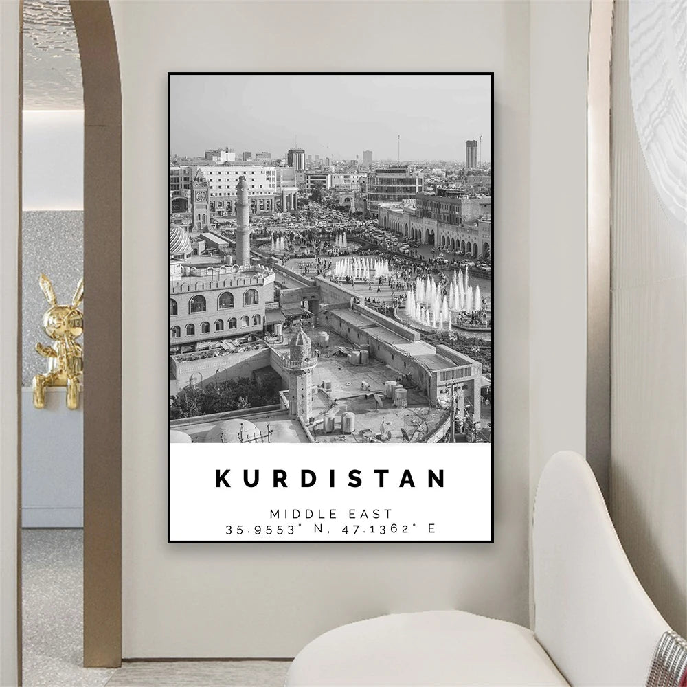 Kurdistan Travel Poster Black and White Vintage Wall Art