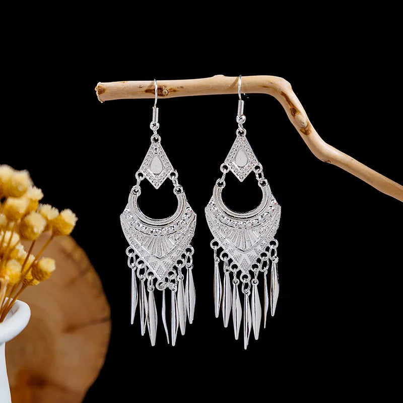 Ethnic Silver Color Long Leaf Dangle Earrings