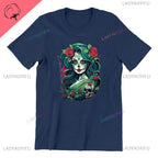 Skull T-Shirt La Catrina Girl with Purple Roses Dia De Los Muertos Day of The Dead