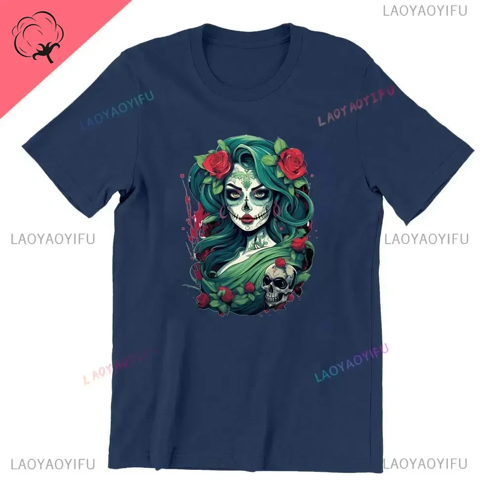 Skull T-Shirt La Catrina Girl with Purple Roses Dia De Los Muertos Day of The Dead