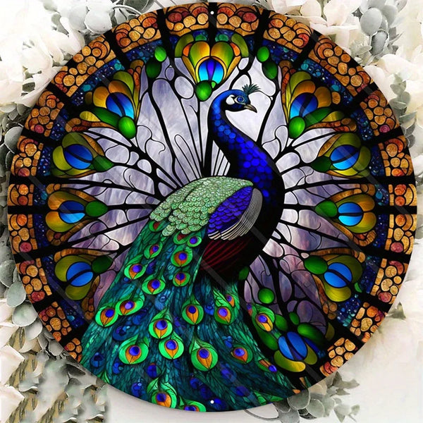 Aluminum Metal Sign Faux Stained Glass Peacock