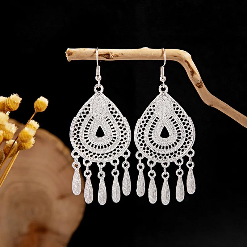 Ethnic Silver Color Long Leaf Dangle Earrings
