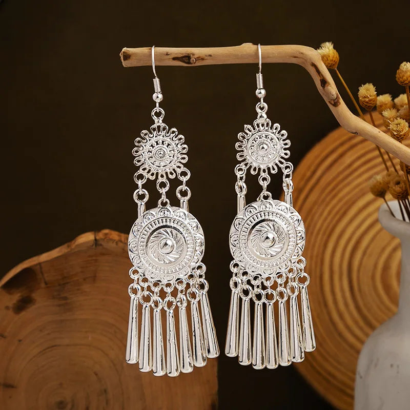 Ethnic Silver Color Long Leaf Dangle Earrings