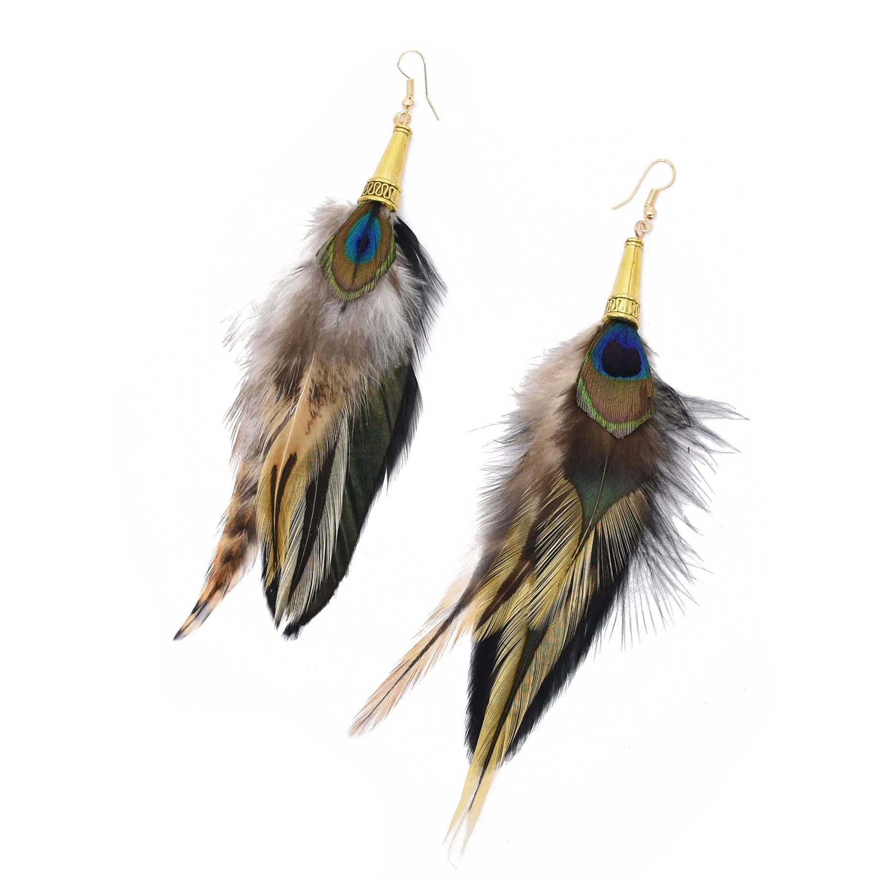 Brown Blue Feather Tassel Earrings