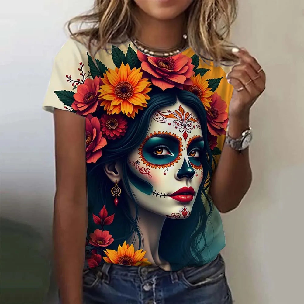 Women's T-shirt for Girls Short Sleeve Day of the Dead Undead Skull