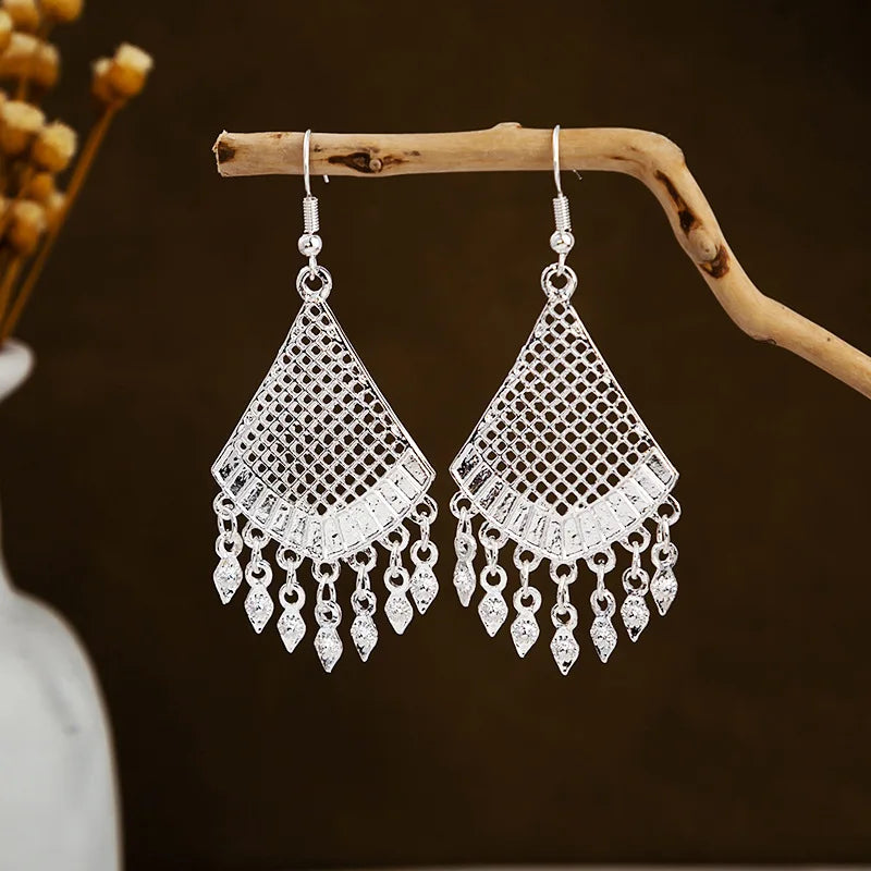Ethnic Silver Color Long Leaf Dangle Earrings