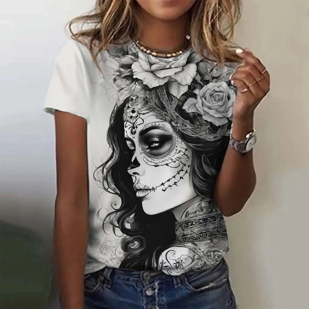 Women's T-shirt for Girls Short Sleeve Day of the Dead Undead Skull
