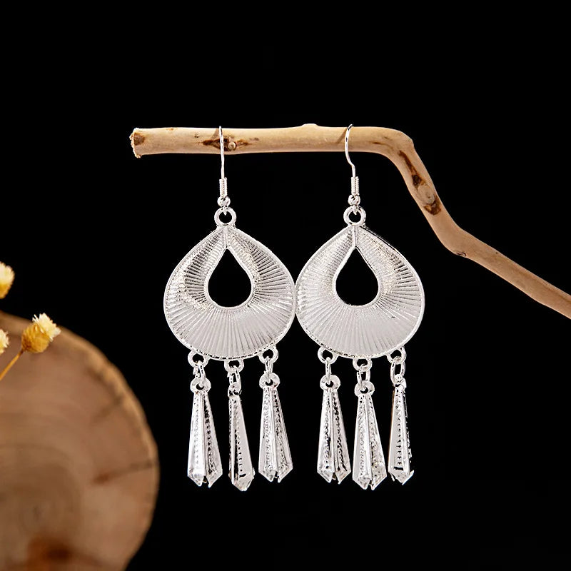Ethnic Silver Color Long Leaf Dangle Earrings
