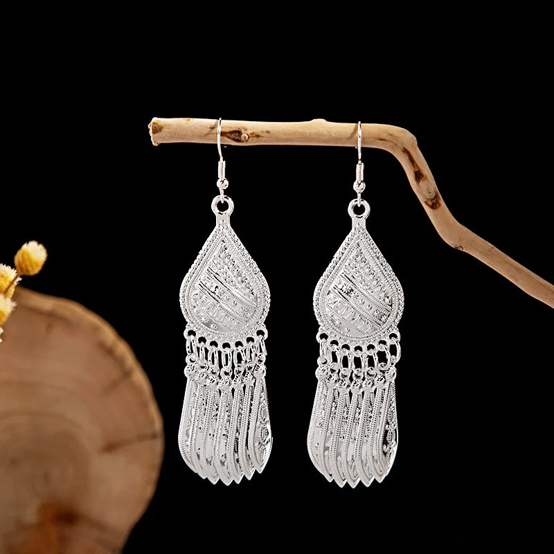 Ethnic Silver Color Long Leaf Dangle Earrings