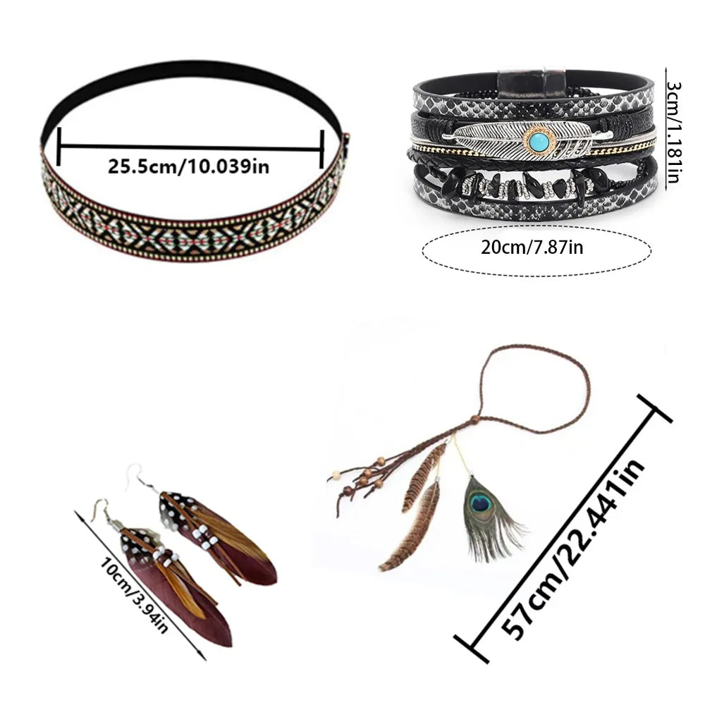 4Piece Jewelry: Woven Choker, Braided Bracelet, Feather Hairpin, Tassel Earrings - Tribal Boho