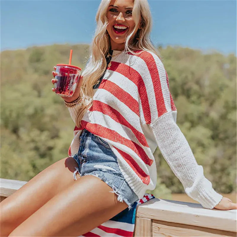 Women USA Flag Print Knit Sweater