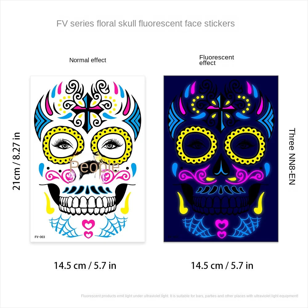 Waterproof Fluorescent Temporary Tattoo Stickers Day of the Dead