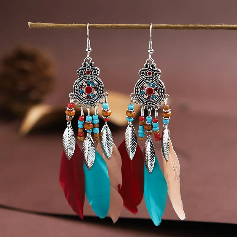 Ethnic Long Tassels Feather Drop Earrings
