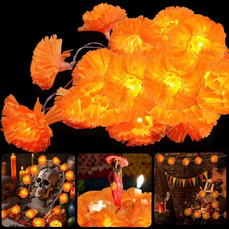 5 Ft LED Orange Marigold Lights for Day of The Dead, Halloween, and Diwali