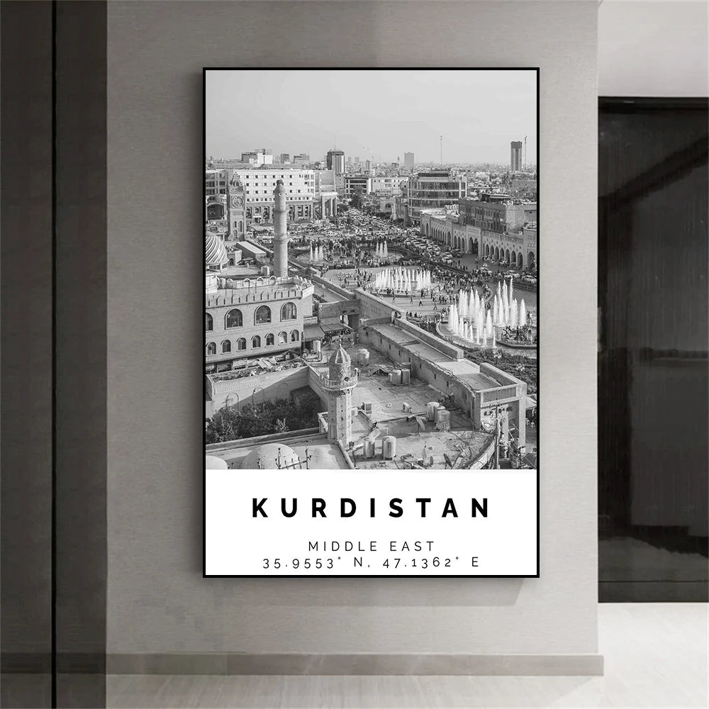 Kurdistan Travel Poster Black and White Vintage Wall Art