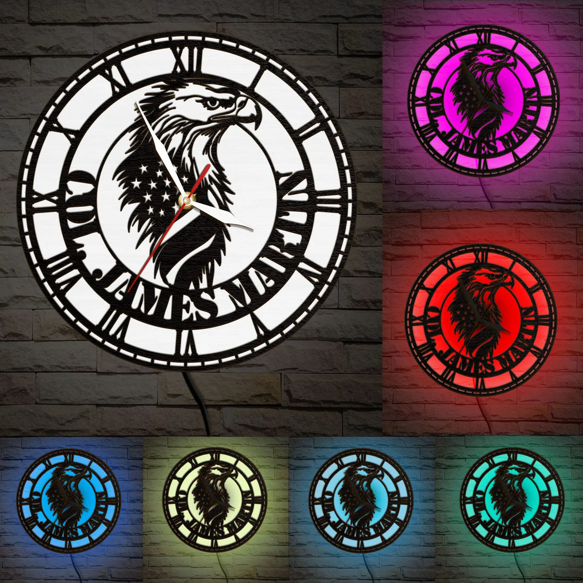 USA Flag American Eagle Wooden Wall Clock with LED Backlight